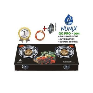 Nunix Glass Table Top Double Burner Gas Stove + Pipe & Regulator