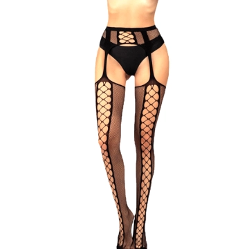 European American Open Crotch Lace Transparent Sling Fishnet Stockings Black Silk Sexy Non-slip Garter Belt Female Black