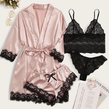 2024 Women's Pajamas Satin Big Size Long Sleeve Lace Lingerie Nightwear Underwear Sleepwear 3PC Suit Pajama Sets Nightgown