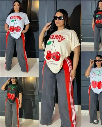 Trendy Women's Cherry Graphic Oversized T-Shirt High-Waist Wide-Leg Jeans Red Side Stripes Casual Streetwear Outfit Set