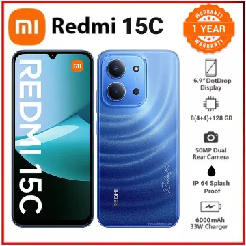 REDMI 15C 128GB Storage 8GB Ram 6.9" FHD Display 50MP Camera 6000mAh 33W Fast Charger Xiaomi Hyper OS Fingerprint