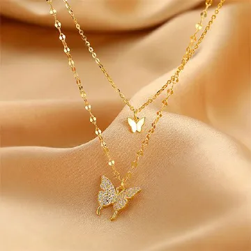 PINCHUAN Butterfly Necklace Double Diamond Butterfly Pendant Choker Necklace Ladies Necklaces Personality Fashion Lady Jewelry