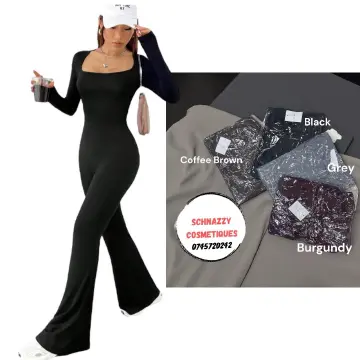 Wideleg Ribbed Longsleeve Jumpsuit Catsuit Flared Bottom Wide Leg Pants Women Casual Athletic Trendy Stylish ONE SIZE