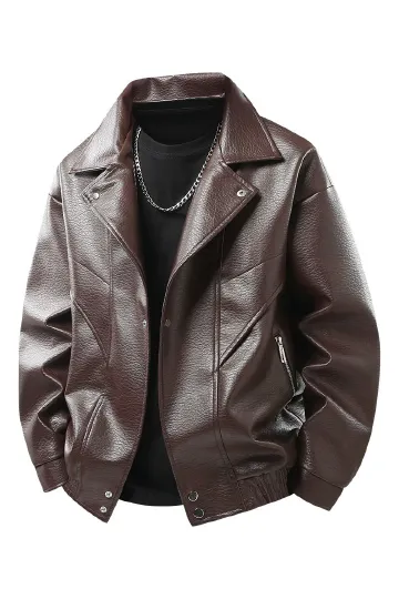 Men High-End Stylish PU Leather Jacket Motorcycle Lapel Collar