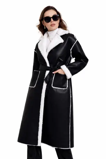 Black Ice Shearling Belted Longline Coat Luxurious Seasonal High End Look