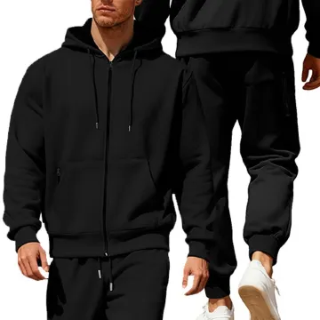 European American Men Velvet Brushed Warm Zipper Hooded Sports Suit
